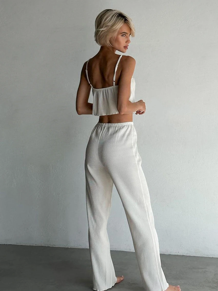 Marthaqiqi Home Clothes Women Spaghetti Strap Sleepwear Crop Top Pajamas Tank Tops Nightgowns Pants Casual Female Nightwear Suit