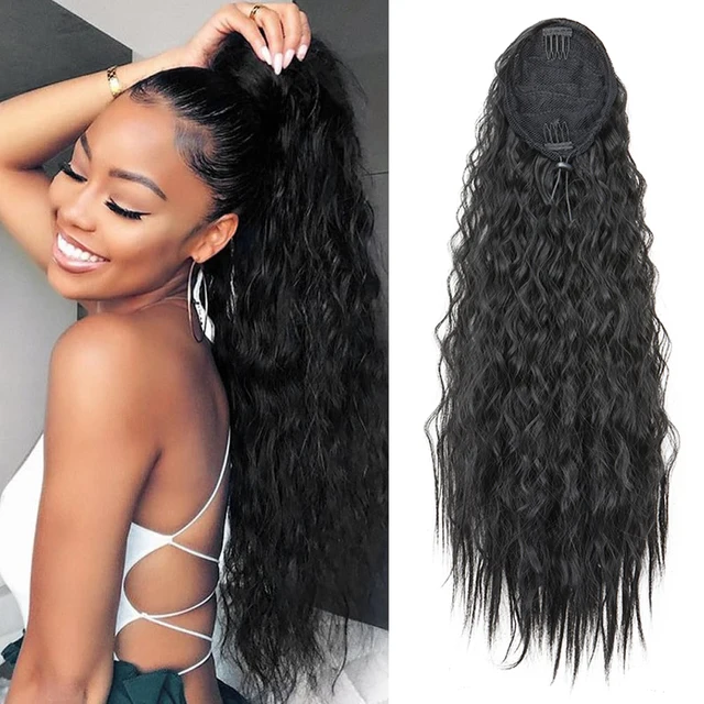22 pouces synthétique longue crépus bouclés queue de cheval Extension de cheveux cordon enveloppé pince dans les cheveux noir postiche pour les femmes 1