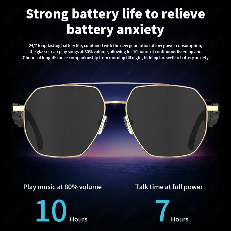 LIGE New Wireless BT Call Smart Glasses Voice Assistant Listen Music Waterproof Eyeglass AI Translation Sunglasses 163 Languages