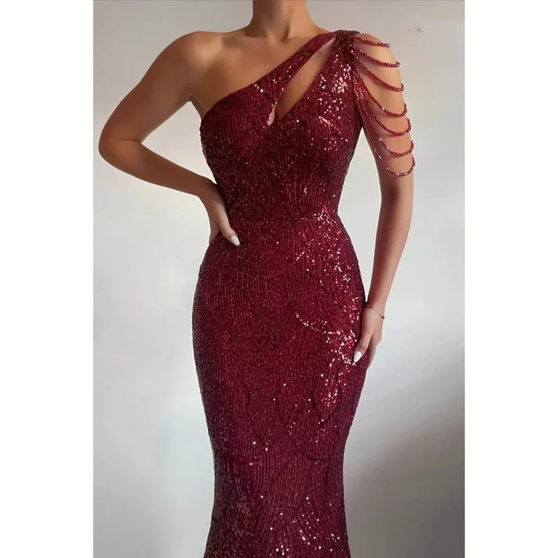 Elegant One Shoulder Bury Sequin Women Beading Long Party Maxi evening wedding party dress vestido de festa платье
