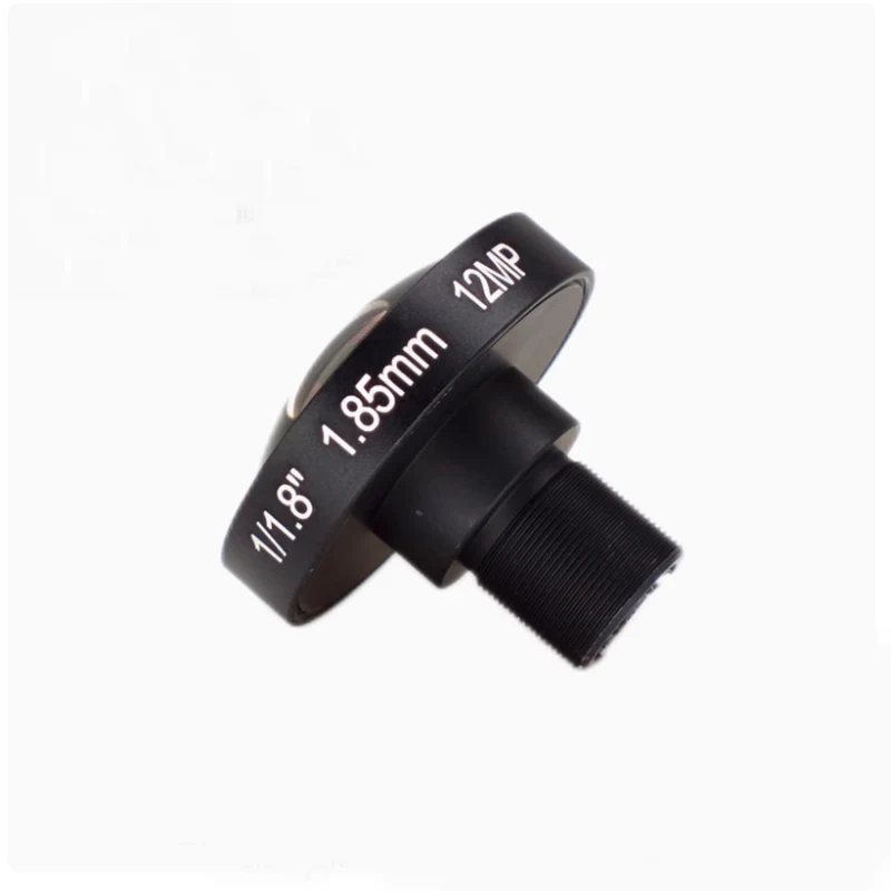 Vue éclatée de l'objectif fisheye 4K 12MP 1.85mm M12 pour drone, montrant les différentes pièces et le filtre IR