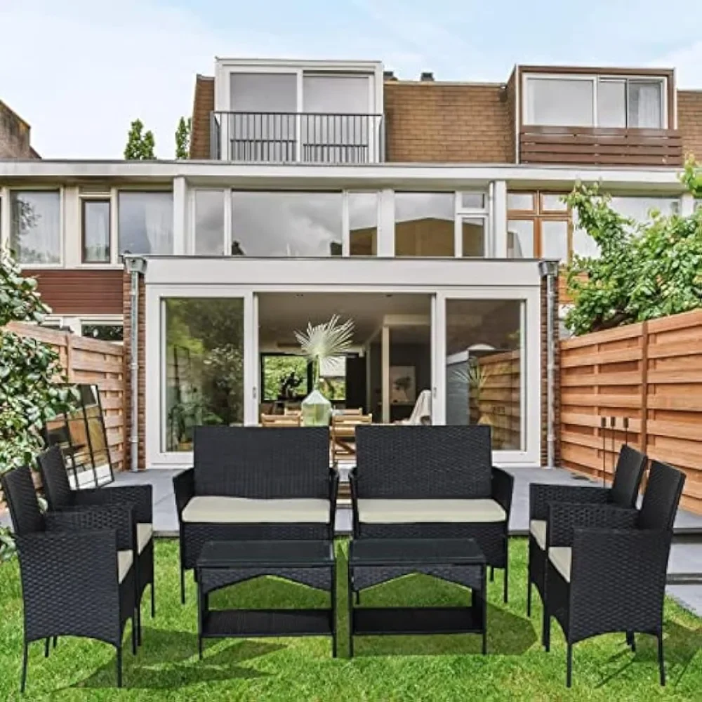 

4 Pcs Outdoor Garden Furniture, PE Rattan Sectional Sofa Set with Clear Tempered Glass Tea Table and Removable Backyard，Home