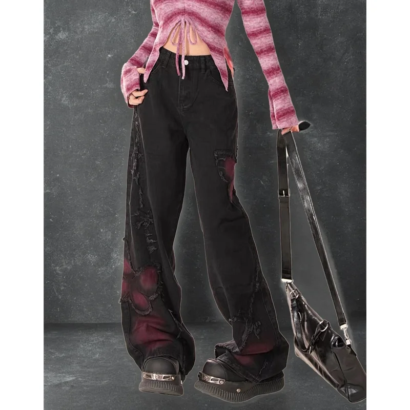 여성용 블랙 고딕 배기 청바지, 하라주쿠 Y2k 미적 나비 데님 바지, 한국 진 바지, 빈티지 2000 년대 쓰레기 옷