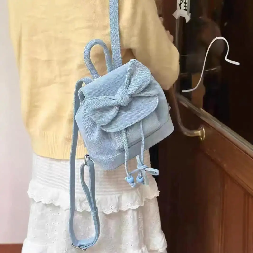 JIAERDI Sweet Bow Denim Backpacks Women New Retro Travel Harajuku Pocket Mini Backpack Student Vintage Y2k Mochila Aesthetic