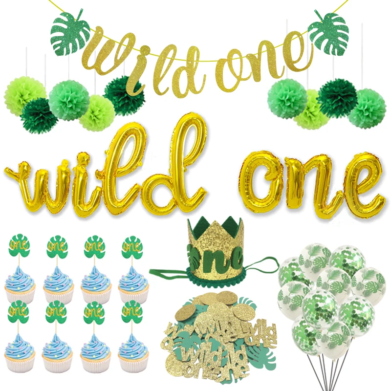 

1 Year Birthday Crown Headband Wild One Banner Balloon Confetti Kids 1st Birthday Party Anniversary Bbay Shower Decor Supplies