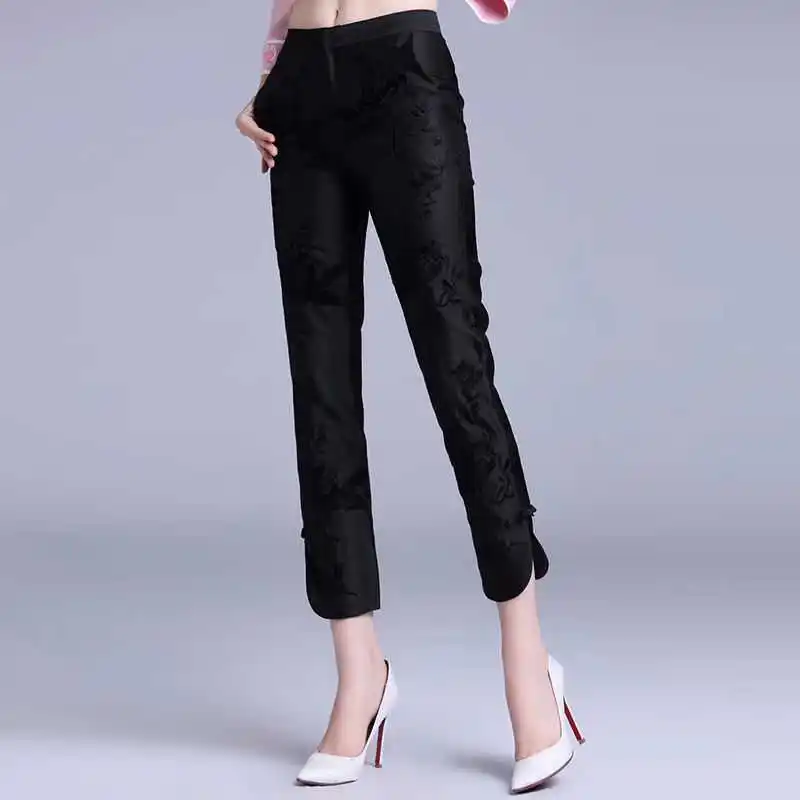 New Chinese Style Improved cheongsam Women Pants Retro Embroidery Slim Tang Suit Cropped pants HB675