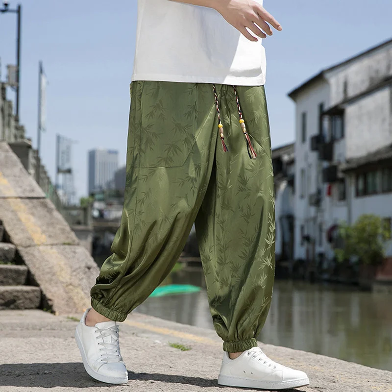 

Summer Men's Ice Silk Harem Pants Chinese Tang Dynasty Vintage Jacquard Pants Loose Harem Leaf Print Hip Hop Streetwear