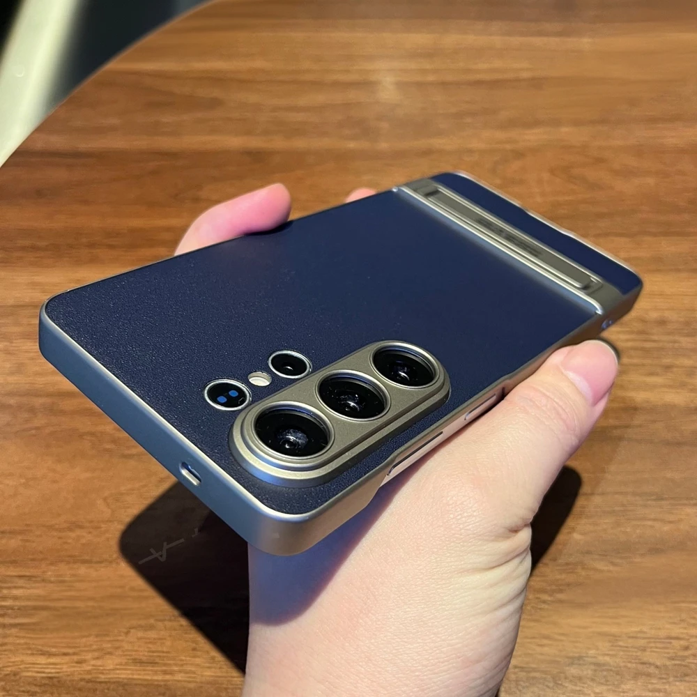 Business Lichee Leather Matte Phone Case with Invisible Stand and Plating Finish