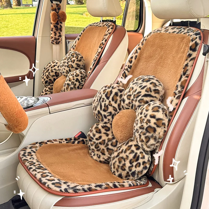 Fashion Leopard Print Car Seat Cover Soft Plush Leopard Steering Wheel Cover Winter Women Auto Interior Accessories Seat Pad