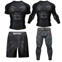 New Boxing Rashguard MMA T-shirt+Shorts For Men 4PCS/Set Black Grappling Bjj Rash Guard Jiu Jitsu T-shirts Sport Tights Clothing 1