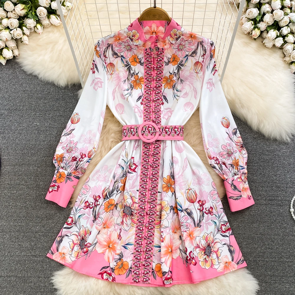 

Season Senior Sense Retro Temperament Long-sleeved Stand-up Collar Closed Waist Single-breasted Positioning Printed Dress