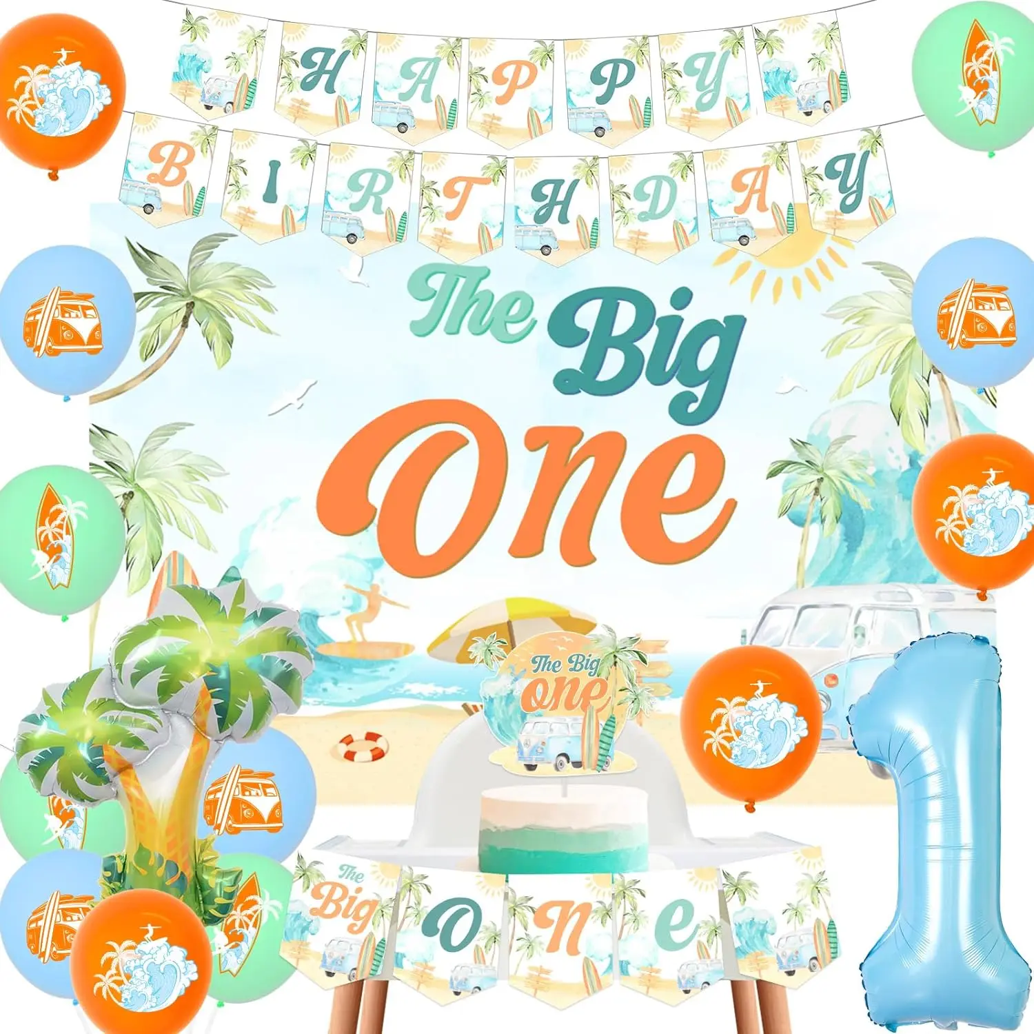 

Surfing First Birthday Party Supplies The Big One Backdrop Cake Topper Summer Hawaiian 1st Birthday Decor Palm Tree Balloons