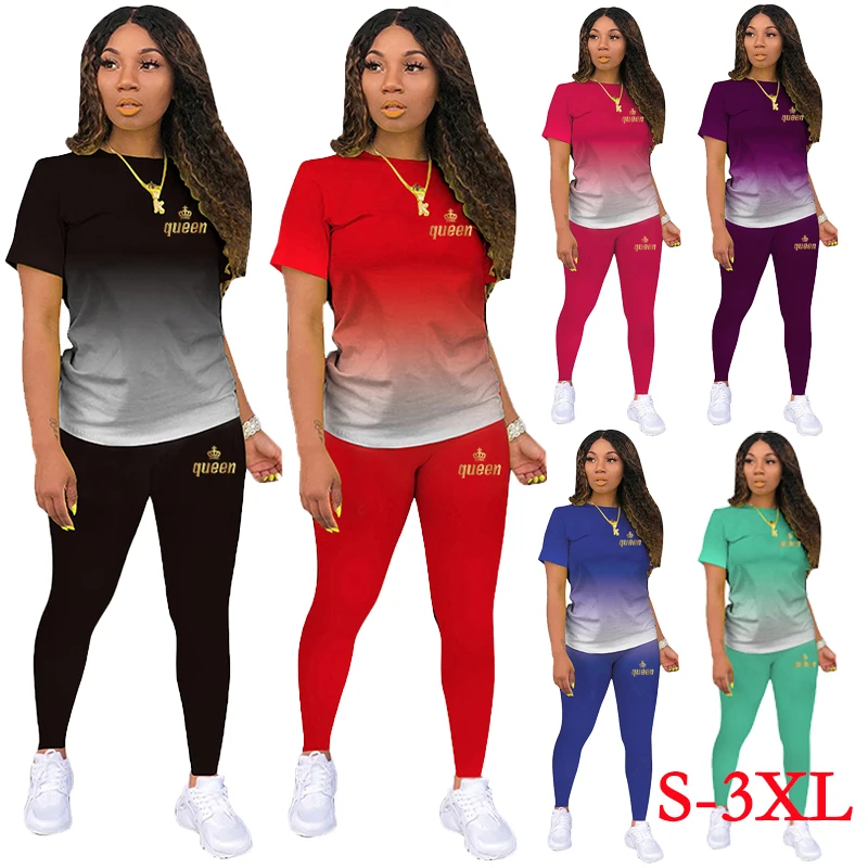 Trend Queen Print Women's Gradient Short sleeved Long Pants Casual Sports Two Piece Set with 8 Colors