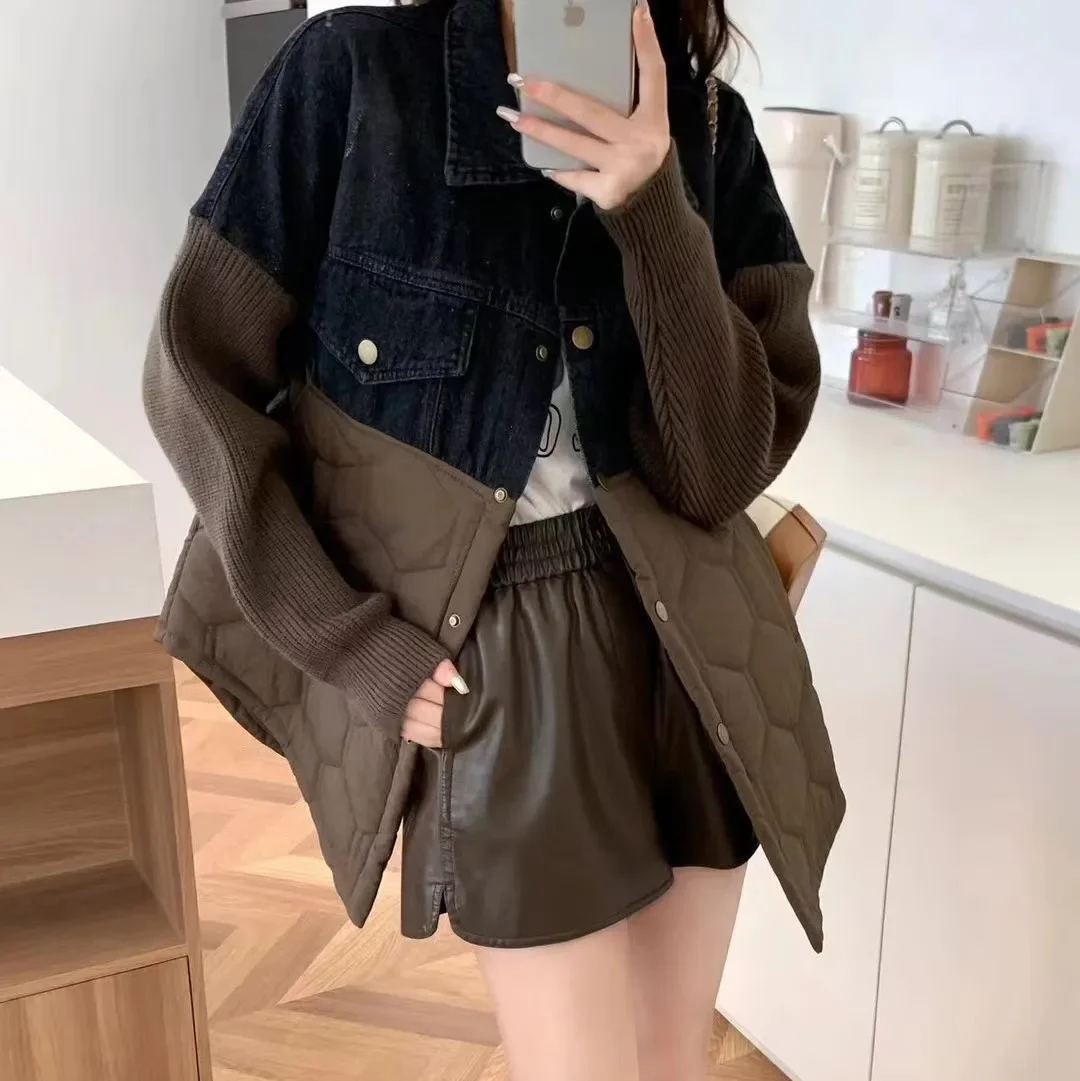 

SuperAen корейский джинсовый прошитый хлопковый кардиган, свитер, женский осенний и зимний новый свободный стильный вязаный свитер, куртка