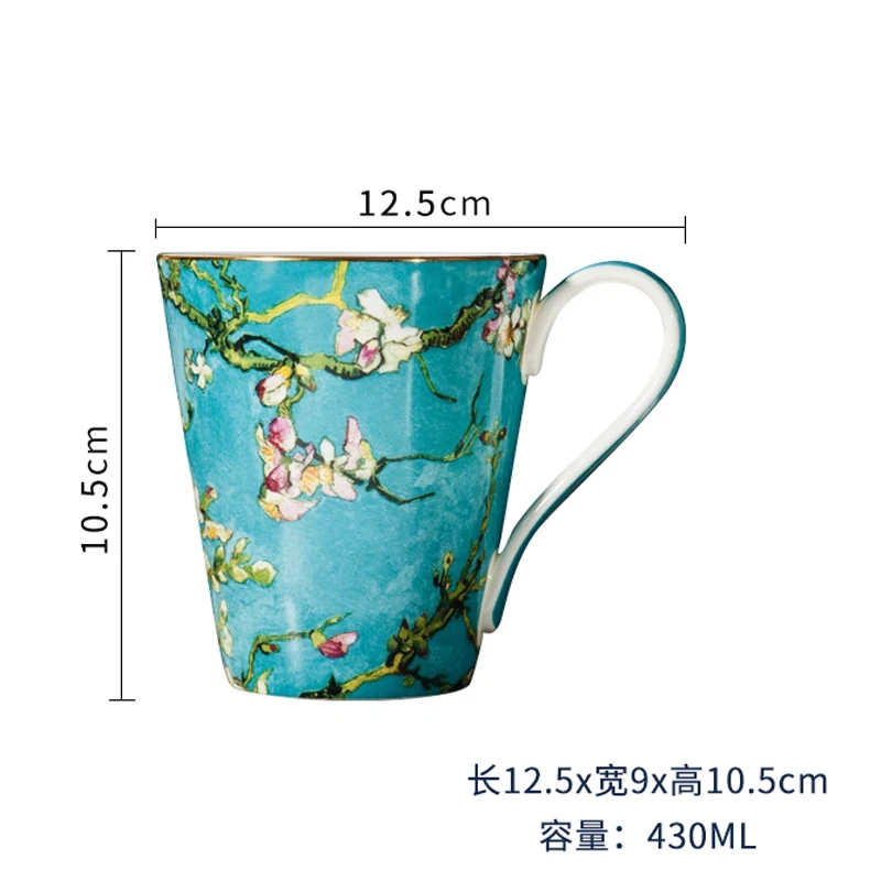 Chinese Style Ceramic Gift Cute Mug, Home Personal Office Creative Hand Drawn Flower Patterns, Milk Water Coffee Cup, 430ml, 1Pc