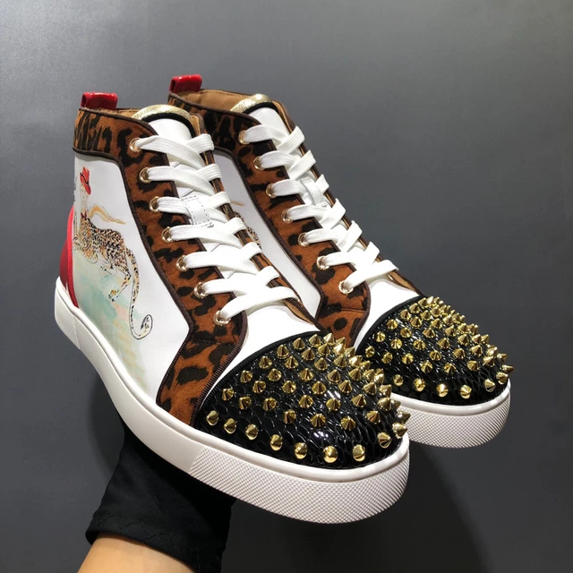 Red Bottom Men Shoes Louis Gold Spikes High Top Sneakers White Leather -  AliExpress