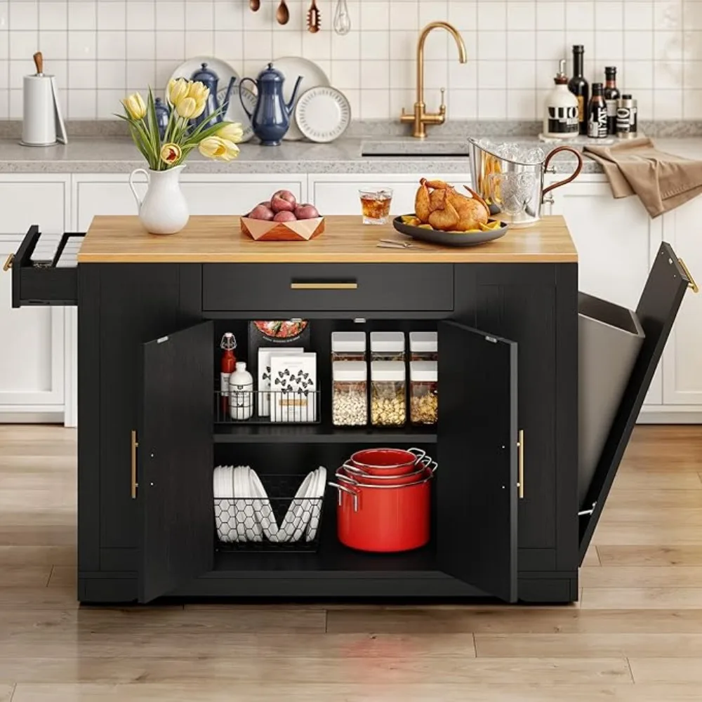53 Inch Large Rolling Kitchen Island with Trash Can Storage Cabinet,Movable w Wheels Cabinet for 13 Gallon Garbage Bin 2 Drawer 3