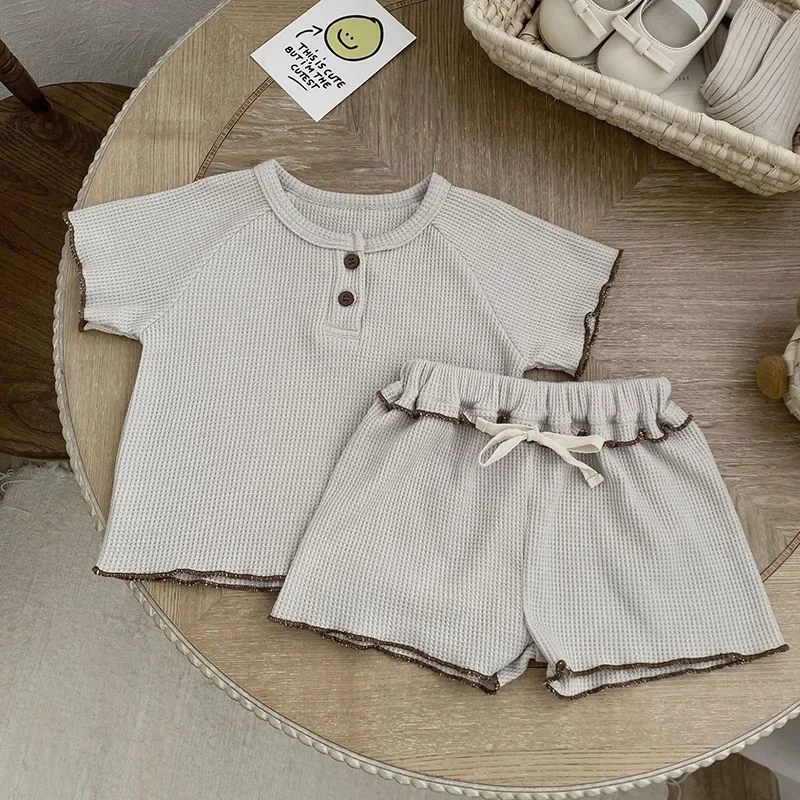 한국 스타일 반팔 와플 코튼 티셔츠 + 반바지, 0-3 세 아동복,  여아 의류, 세트, 2025 여름 신상