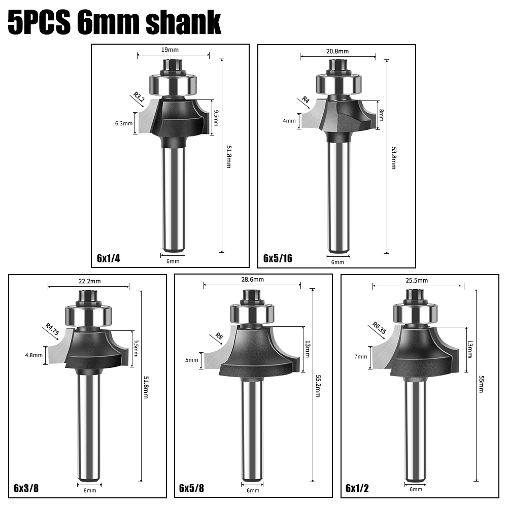 6mm Shank 1/4" Shank Corner Round Over Router Bit with Bearing Milling Cutter for Wood Woodwork Tungsten Carbide