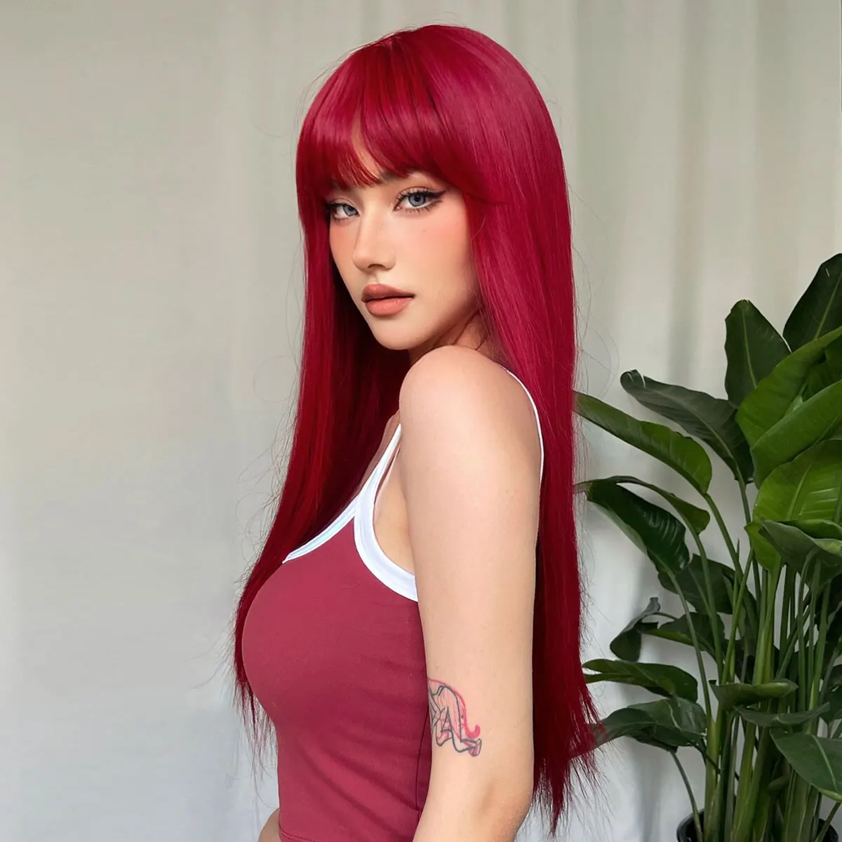 Light Wine Red Synthetic Wigs With Bangs for Women Long Straight Hair Wig Natural Cosplay Party Heat Resistant_voghion.com