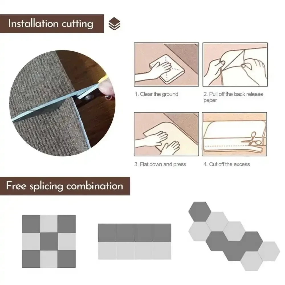 Self Adhesive Carpet Floor Tiles Sticker Square Rugs Peel and Stick Mat DIY Flooring for Kitchen Dining Room Bedroom Home Decor