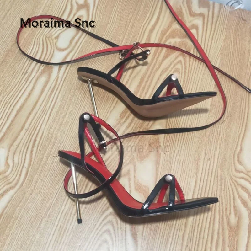 Metal Buckle Pointed Toe Women Sandals Cross Strap Metal Heel Stiletto Super High Heels Sexy Black Ladies Party Shoes Summer
