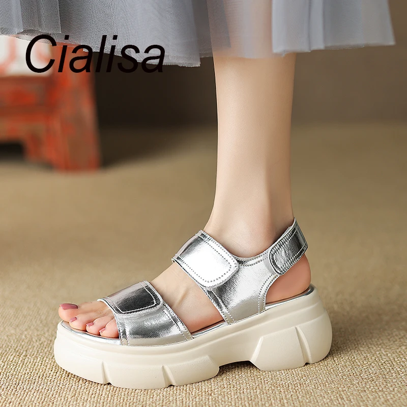 

Cialisa Sandals 2023 Summer Women Shoes Fashion Silver Gold Genuine Leather Chunky Heel Handmade Open-Toed Casual Lady Sandal 40