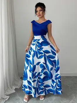 Women's Blue White Floral Maxi Dress Asymmetric Neckline Color Block Design Ideal for Evening Events Garden Parties Elegant Styl 1
