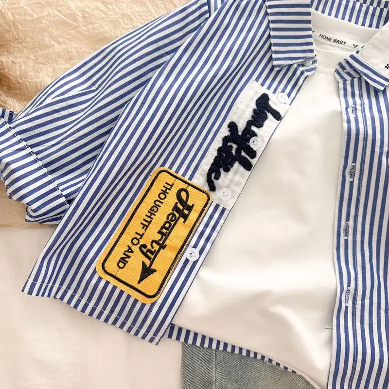 Korean Style Baby Boys Long Sleeve Shirt Striped Turn-down Collar Cotton Top for Autumn Street Fashion Thin Korean S
