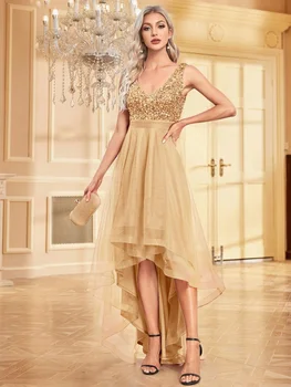 فساتين سهرة رسمية أنيقة بدون أكمام ترتر طول الأرض فساتين سهرة فاخرة على شكل حرف v لحفلات الزفاف وحفلات الكوكتيل 5