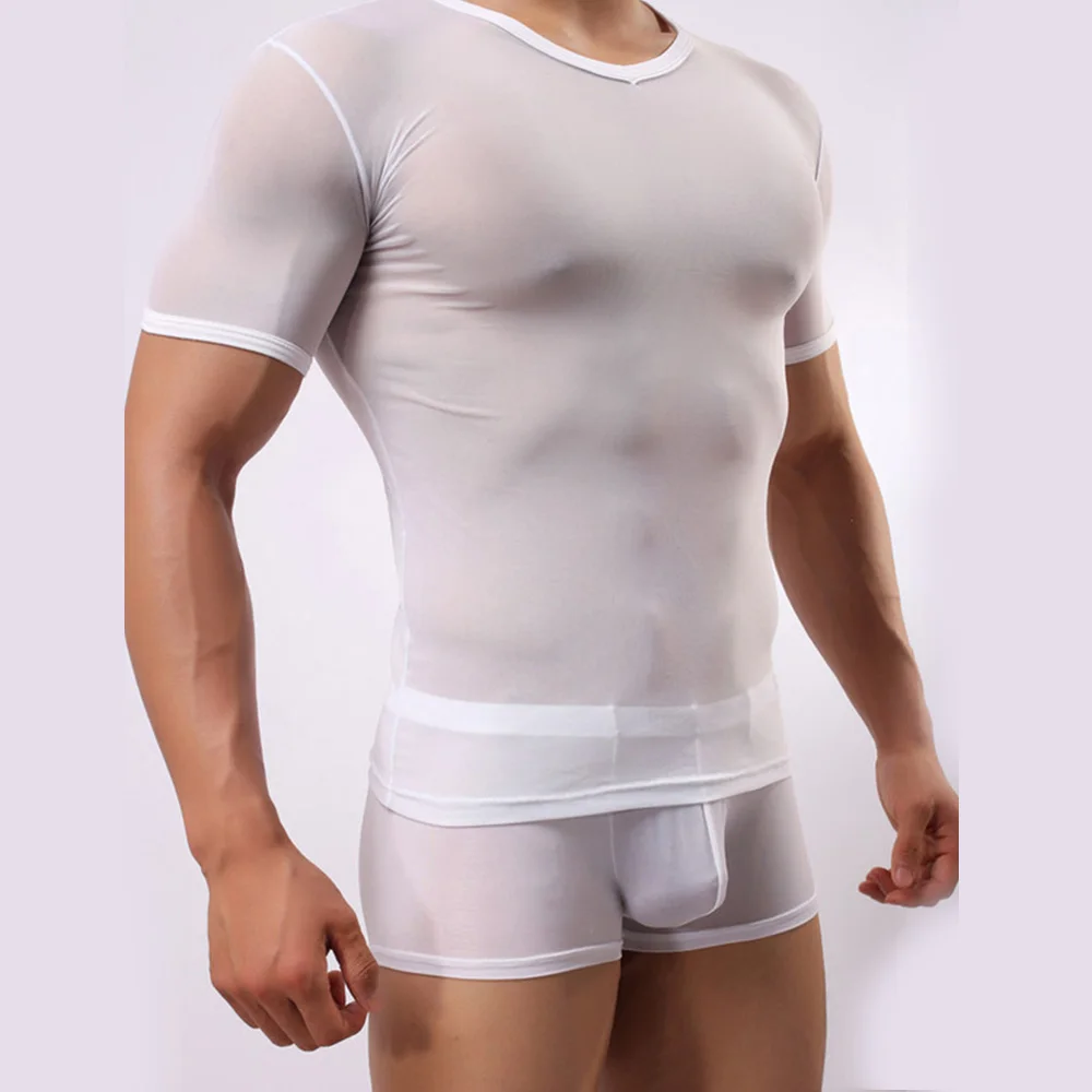 Men Mesh T Shirt Sexy Short Sleeve Muscle Undershirts Summer Ultra-thin Transparenr See Through Tee Shirt O-Neck Slim men mesh t shirt men underwear