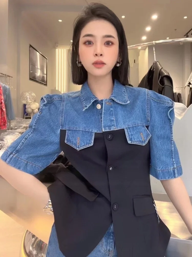

Denim Patchwork Contrast Jacket For Women Short Sleeve Korean Single Breasted Jackets Coat 2023 Spring Autumn New Top M499