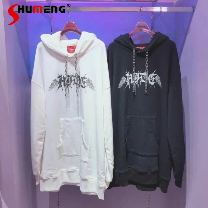 

Japanese Rojita Mine Style Cool Letter Wings Long Sleeve Hooded Mid-Length Brushed Hoody Couple Men And Women Winter Sweatshirts