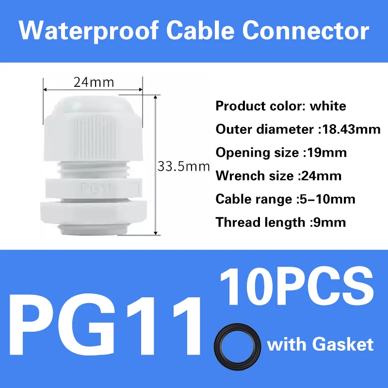 Waterproof IP68 Nylon Cable Gland Connector - White/Black