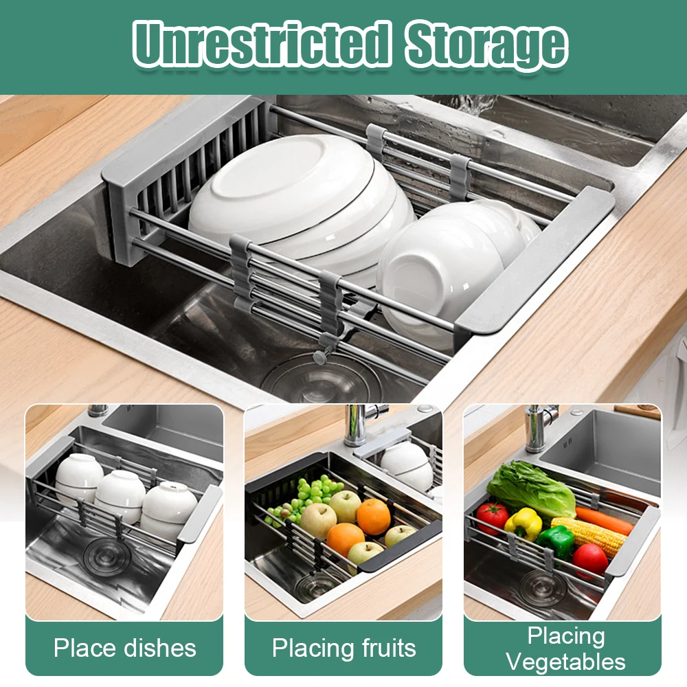 Kitchen Dish Drying Rack Stainless Steel Telescopic Drain Rack Sink Drain Rack Fruit Vegetable Retractable Organizer Basket