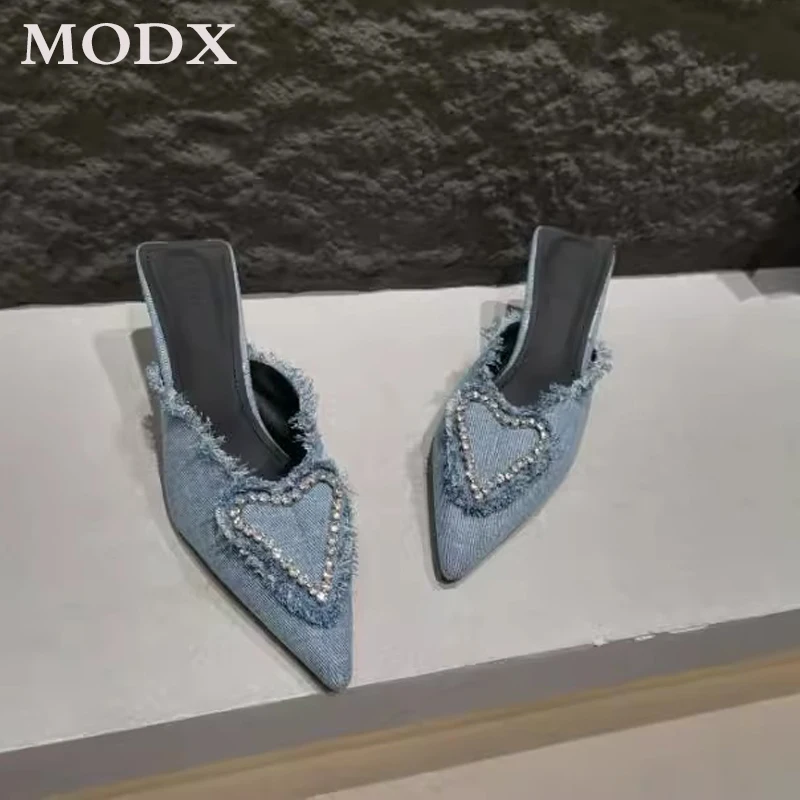 

Crystal Love Shape Half Slippers Women Summer Outdoor 2023 New Denim Tassels High Heel Sandals Sexy Pointed Toe Stiletto Shoes