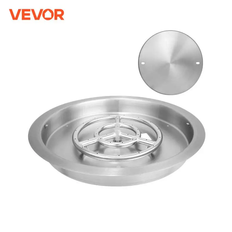 VEVOR 19 inch Round Drop-in Fire Pit Pan Stainless Steel Fire Pit Burner Natural & Propane Gas Pan 92000 BTU with Lid for Indoor