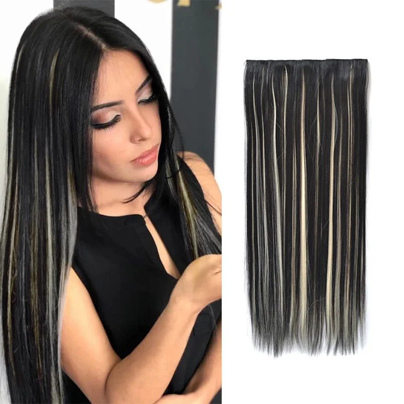 24inch Long Straight Full Head Clip in Hair Extension Synthetic 5 Clip One Piece Hairpiece for Women Ombre Black Fake Hair Piece