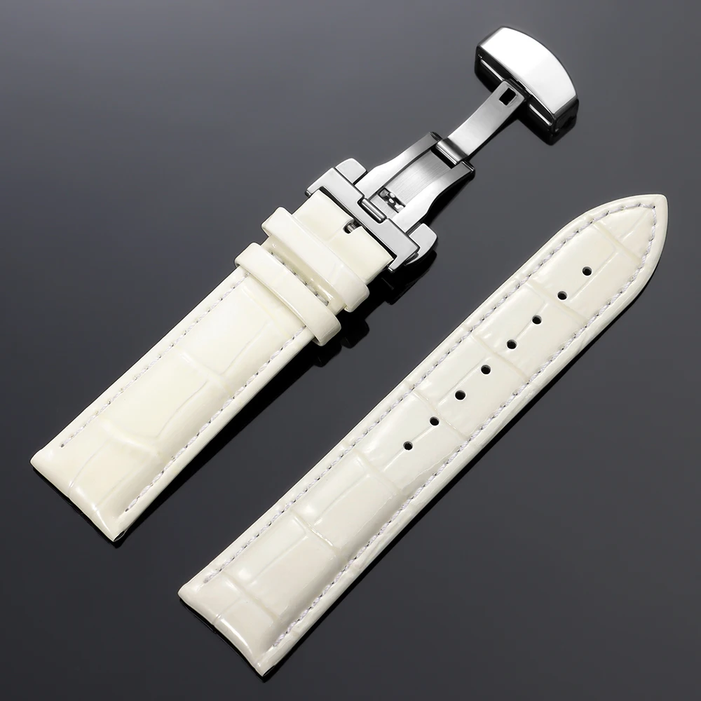 Luxurious Polished Genuine Leather Watch Band with Elegant Wooden Box and Butterfly Buckle - Available in Multiple Sizes