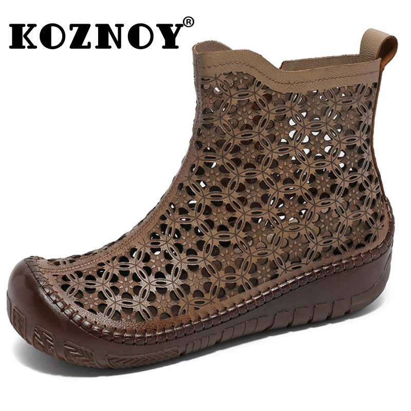 

Koznoy 3cm Genuine Leather Sandals Hollow Chimney Moccasins Fashion Summer Ankle Booties Motorcycle Natural Boots Women Shoes