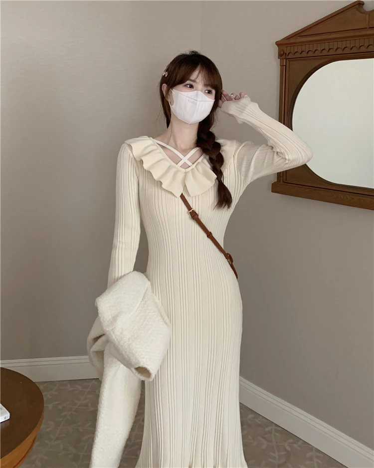 Autumn Knitted Dresses for Women Ruffles V-neck Solid Bodycon Casual Solid Midi Dress Korean Fashion Vestidos Mujer New Knitwear