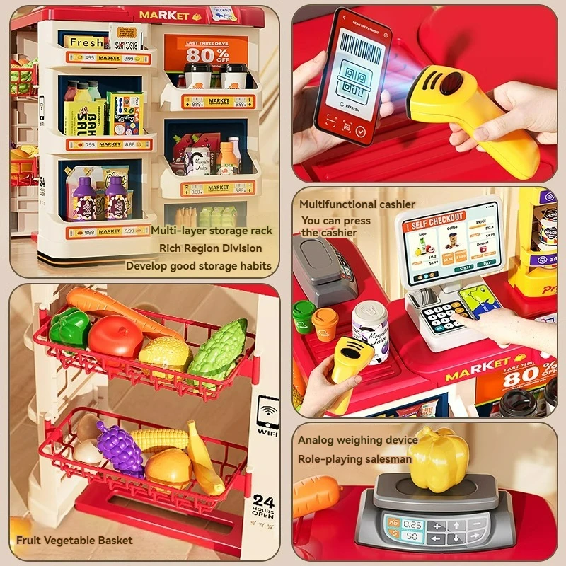 Pretend Play Calculator Cash Register Toys Supermarket Shop Cashier Registers with Scanner Credit Card Christmas Gifts for Kids 2