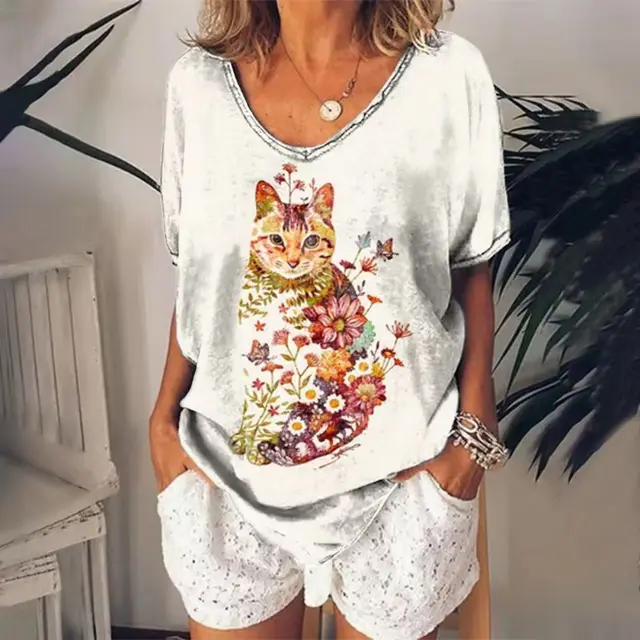 Upgrade your summer wardrobe with the trendy and affordable Summer Casual V-neck T-shirt Womens Cat Print Shirt Top.