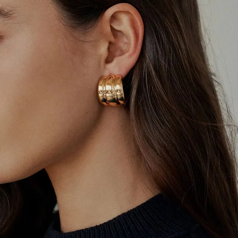 18K Gold Plated Multilayer Wide C Shape Rust Proof Stud Earrings for Women Stainless Steel Sleek Knot Geometric Thick Ear Stud