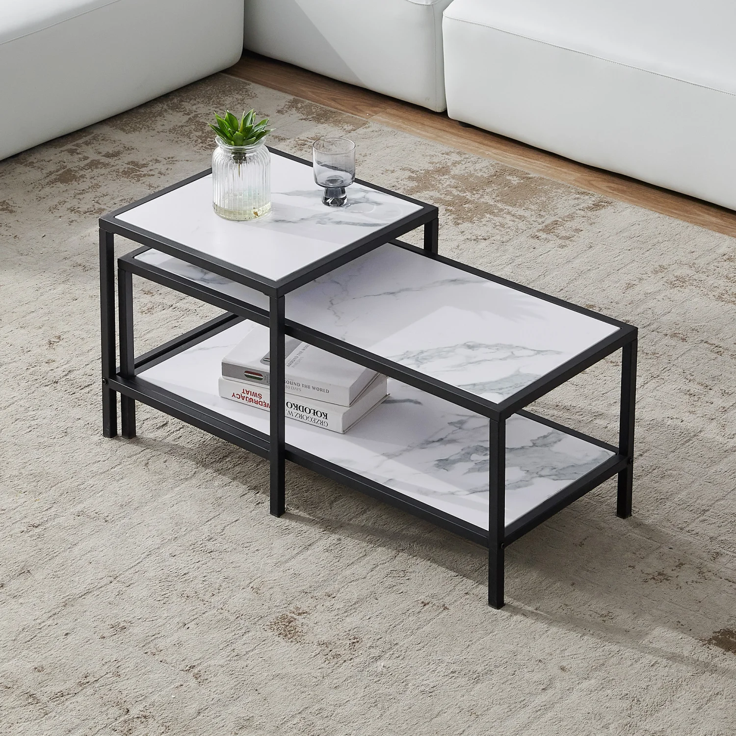 

Modern Black Metal Frame Wood Marble Color Square & Rectangle Nesting Coffee Table - Stylish and Functional Living Room Furnitur
