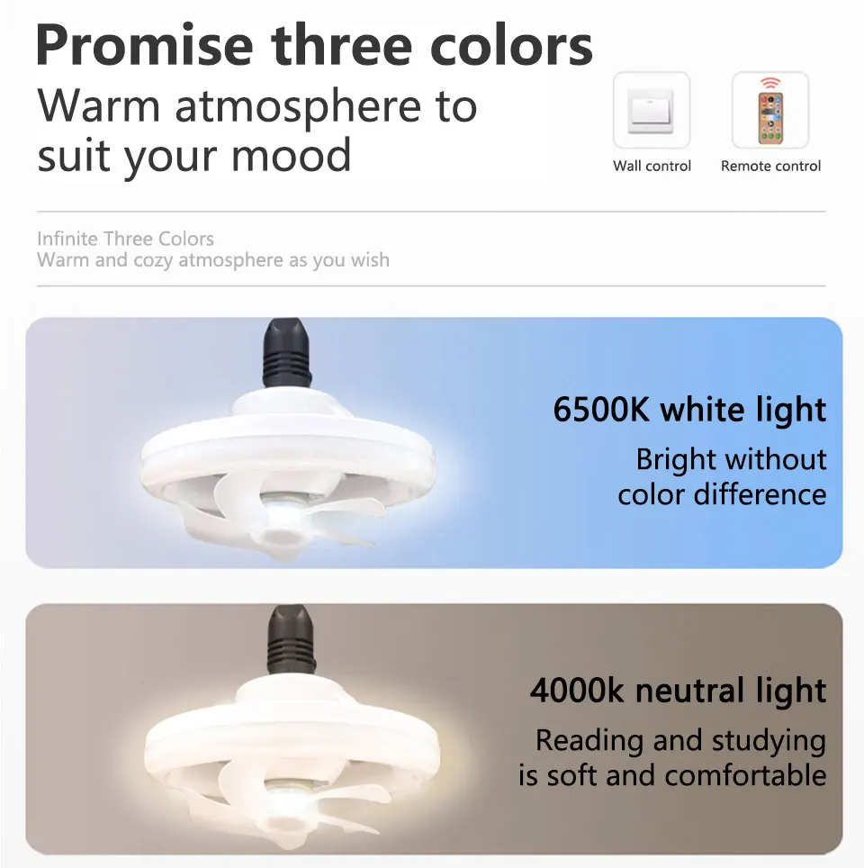 Description Picture 3 of item1pc 2 In 1 LED Mini Fan Light Ceiling Light Shake Head E27 Screw Port Fan Light Suction Pendant Light Remote Control Bedroom