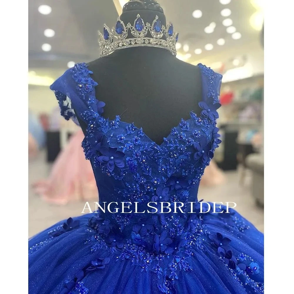 Angelsbridep Glittering Royal Blue Quinceanera Dresses 3D Flowers Beading Lace Appliques Vestidos De 15 Anos Birthday Party