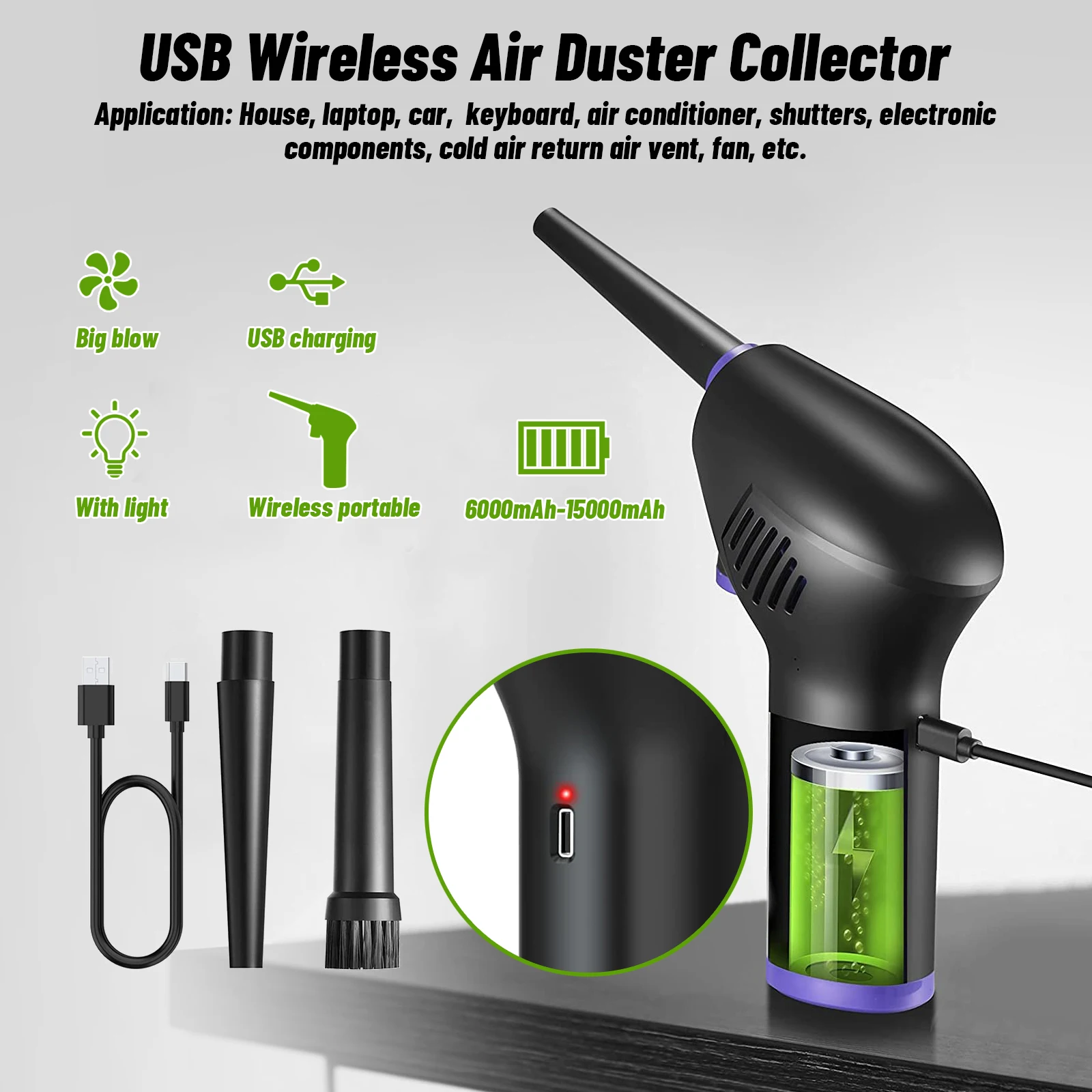 Electric Replaces Cordless Air Duster Computer Cleaning Capacity Portable PC Laptop Car Keyboard Fans USB Rechargeable Cleaner