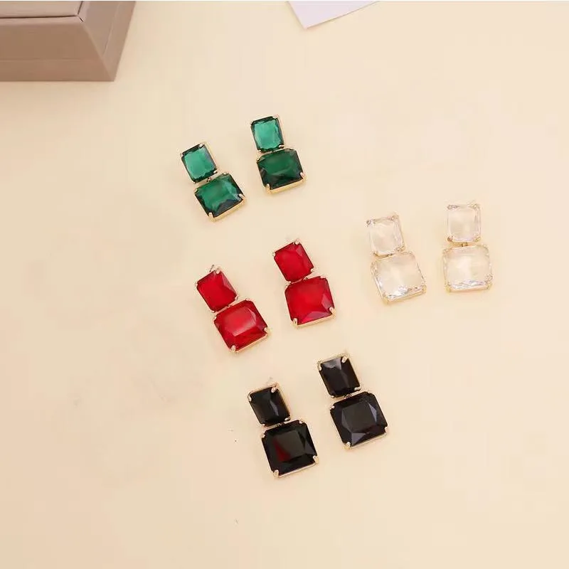 

2023 New Macaron Square Crystal Ear Studs European and American Style Design Sense Long Ear Accessories Wholesale