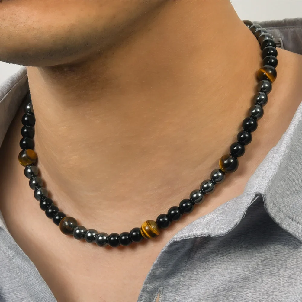 Men Obsidian Natural Tigers Eye Beaded Necklace Power Fitness Yoga Slimming Necklace Jewelry Treating Cervical Pain